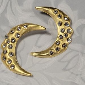 Vtg statement earrings moon with rhinestones 80s